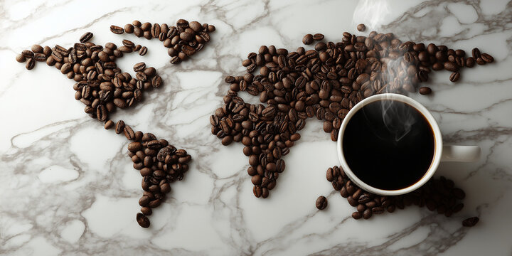 creative world map formed with coffee beans and hot cup