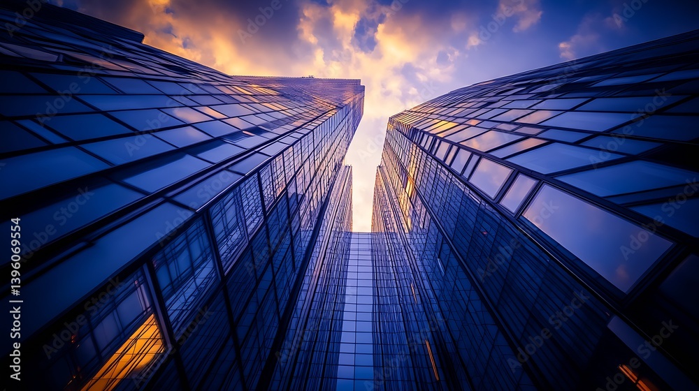 Poster stunning modern skyscrapers under vibrant sky with dramatic cloud patterns at sunset : generative ai