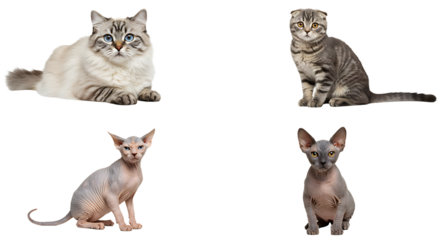 Four Different Cats Posing on White Background