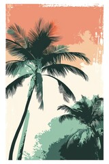 Tropical palm trees silhouetted against a vivid sunset gradient background