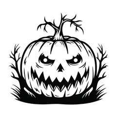 Spooky Pumpkin Face with Creepy Branches, Black and White Silhouette, Halloween Design