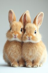 Two cute rabbits sitting close together on a white studio background