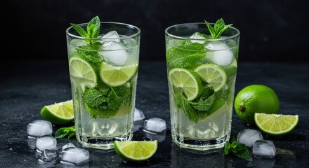 Two mojito cocktails with lime wedges and ice cubes on a dark background, garnished with fresh mint leaves