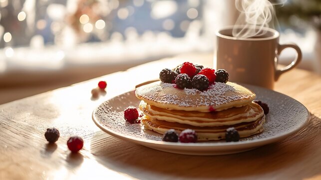 Christmas morning breakfast scene pancakes berries steaming coffee mug cozy wooden table soft sunlight filtering through frosty window - Powered by Adobe