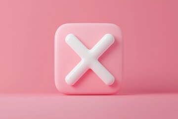 Fototapeta premium A pink square with a white x on a pink surface in a studio shot