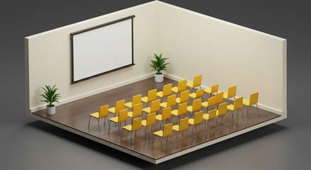 A minimalist conference room awaits attendees, ready for a presentation, with yellow chairs and a blank screen, in a simple isometric view.