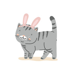 Cute cartoon gray cat with bunny ears, isolated on white background, flat vector illustration for children's drawings or themes