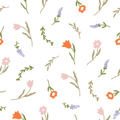 Seamless pattern with delicate spring flowers tulips on a white background. Flat vector illustration