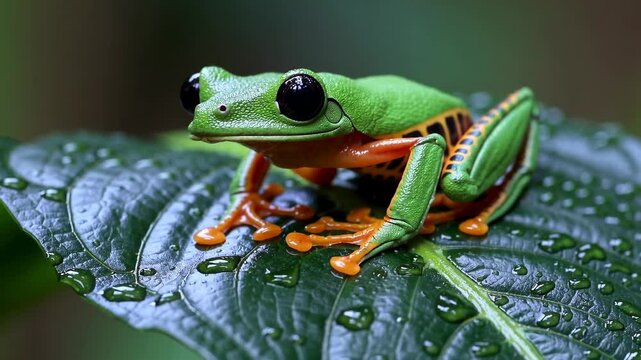Vibrant rainforest frog perched on leaf with dewdrops in lush jungle environment