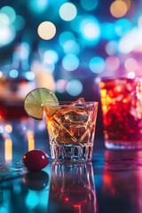 An inviting cocktail adorned with lime, reflecting vibrant bokeh lights.