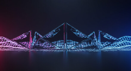 Fototapeta premium Crystalline pyramids shimmering on a neon grid, a futuristic dreamscape bathed in cool blues and warm pinks.