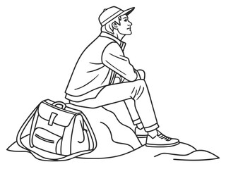 Obraz premium Solo Traveler Sitting on Stone with Bag