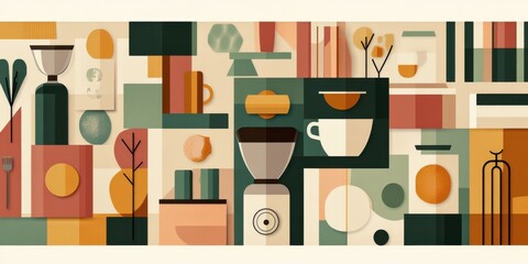 Contemporary flat vector design of a coffee and bar arrangement in abstract style