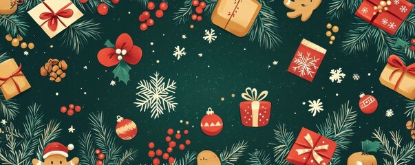 Festive holiday pattern with gifts, ornaments, and winter decorations on green