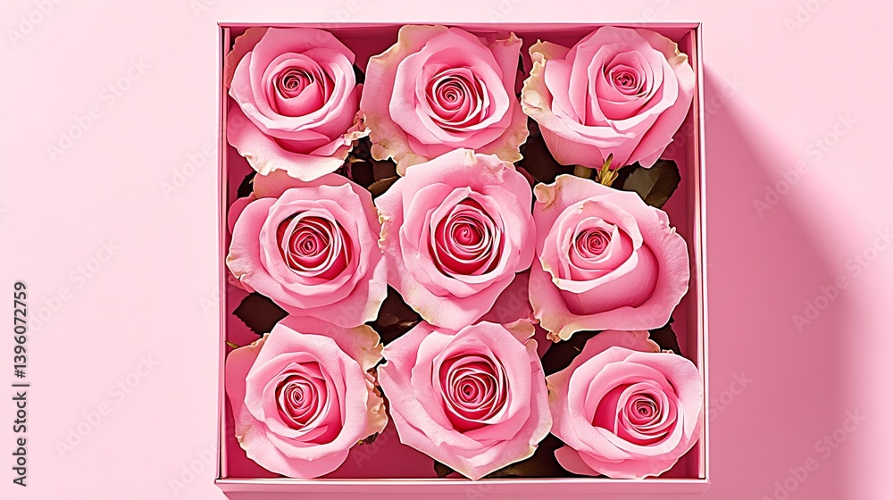 Poster beautiful arrangement of nine pink roses in a decorative pink box creating an elegant floral display