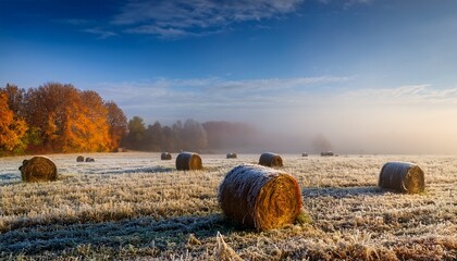 Ground frost on a field with hay bales and autumn fog