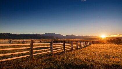 Obraz premium Picturesque landscape fenced ranch at sunrise