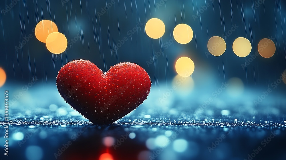 Leinwandbilder beautiful red heart shape glistening in the rain with blurred lights in the background creating a ro