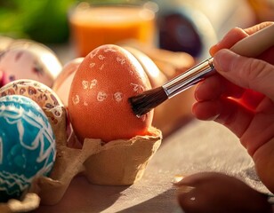 Painting Easter eggs. Woman's hands paint eggs for Easter day. Preparing for Easter.