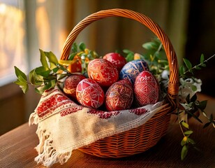 Easter basket filled with colorful eggs. Easter celebration concept. Colorful easter handmade decorated Easter eggs.