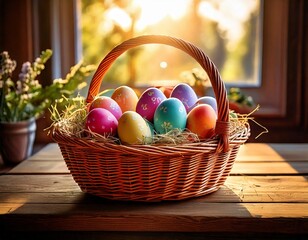 Easter basket filled with colorful eggs. Easter celebration concept. Colorful easter handmade decorated Easter eggs.