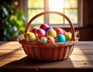 Easter basket filled with colorful eggs. Easter celebration concept. Colorful easter handmade decorated Easter eggs.