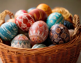Easter basket filled with colorful eggs. Easter celebration concept. Colorful easter handmade decorated Easter eggs.
