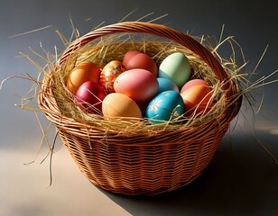 Easter basket filled with colorful eggs. Easter celebration concept. Colorful easter handmade decorated Easter eggs.