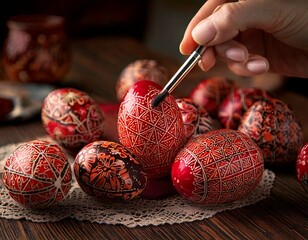 Painting Easter eggs. Woman's hands paint eggs for Easter day. Preparing for Easter.