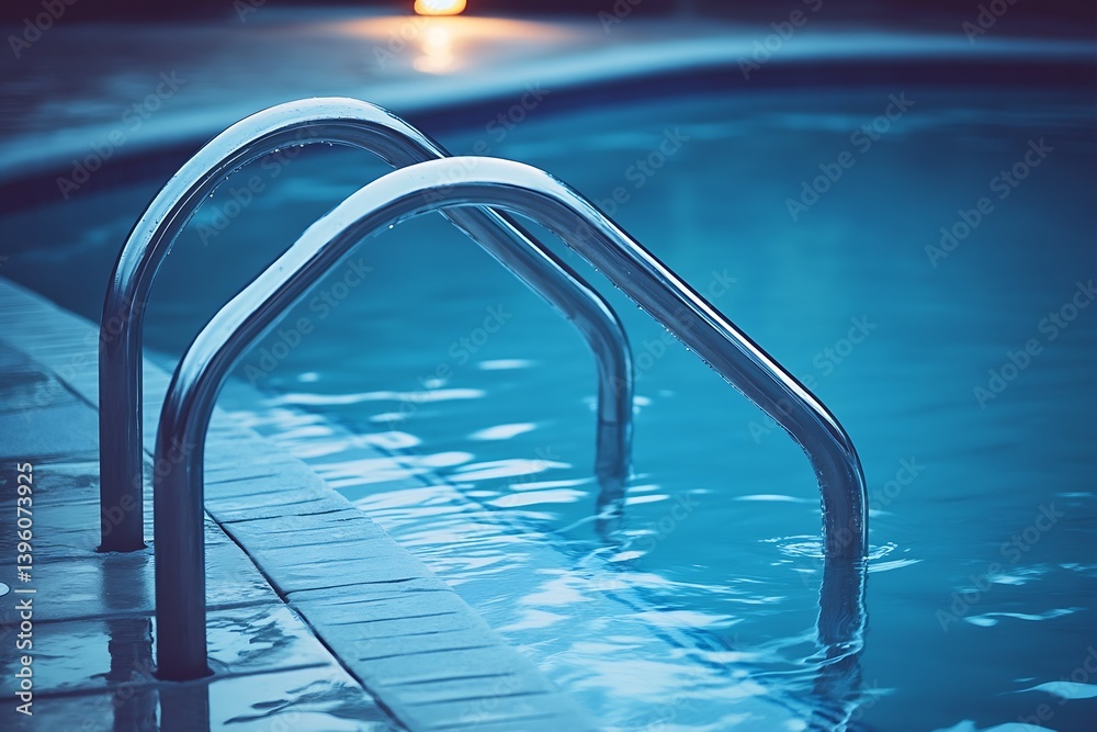 Poster elegant swimming pool ladder with bright blue water reflecting soft ambient light creating a serene 