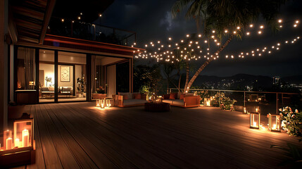 Modern Patio Night Scene With String Lights And Candles