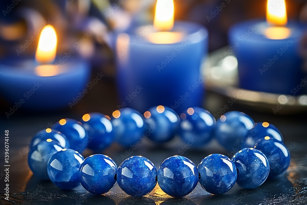 Aufkleber elegant blue gemstone bracelet surrounded by softly glowing candles creating a serene atmosphere : g
