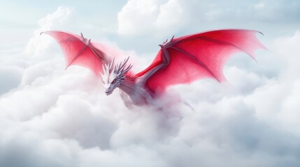 Majestic white dragon soars amidst fluffy clouds, vibrant pink wings