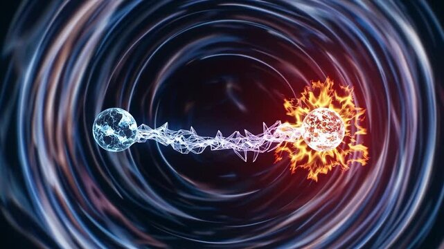 Quantum entanglement shows energy transferring between two entangled particles, visualized as glowing spheres connected by a stream of light, against a swirling energy field background