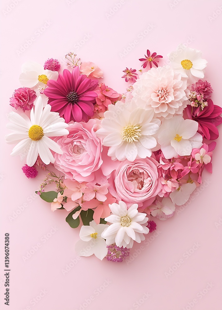 Poster a beautiful heart-shaped arrangement of colorful flowers on a soft pink background ideal for spring 