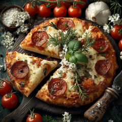 pizza with salami and tomatoes