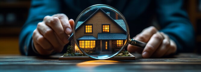 Close up view of miniature house under magnifying glass showcasing warm glowing windows : Generative AI