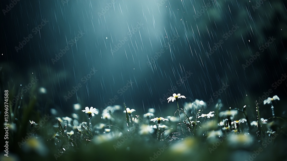 Fototapete beautiful close up of a field of daisies in rain with soft light creating a dreamy atmosphere : gene