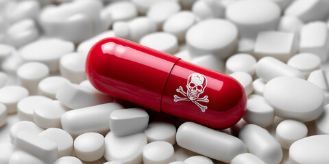 toxic red capsule with skull surrounded by white medicine