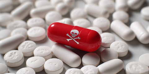 dangerous red pill with skull icon among white tablets