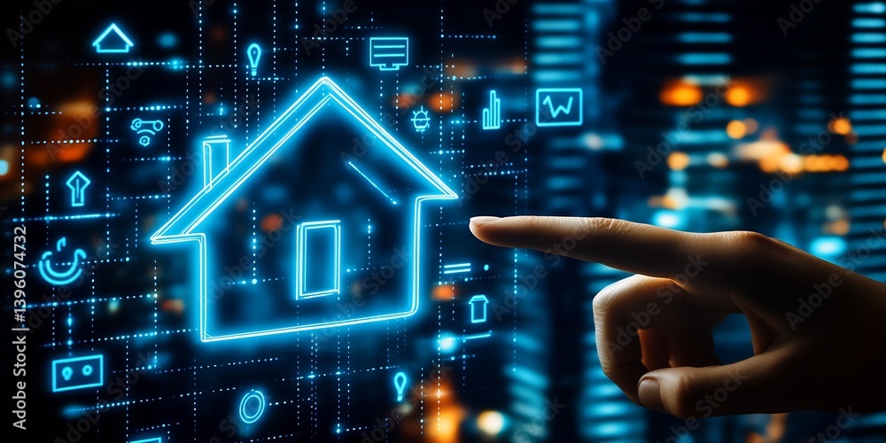 Aufkleber Futuristic smart home interface with digital icons and glowing touch display technology : Generative AI