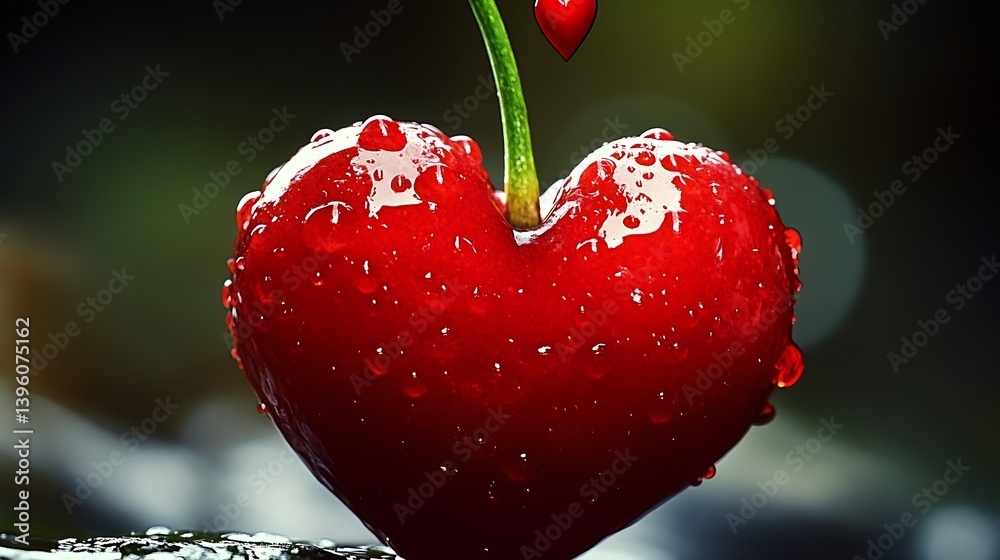 Aufkleber glistening cherry red heart shaped cherry with water droplets captured creating a fresh and romantic