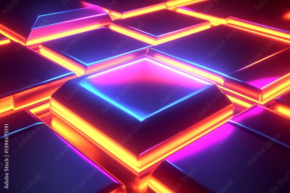 Poster Colorful illuminated abstract pattern of glowing neon squares reflecting vibrant light : Generative AI