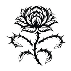 Black Ink Rose with Thorny Stem. Floral tattoo design with tribal vibes