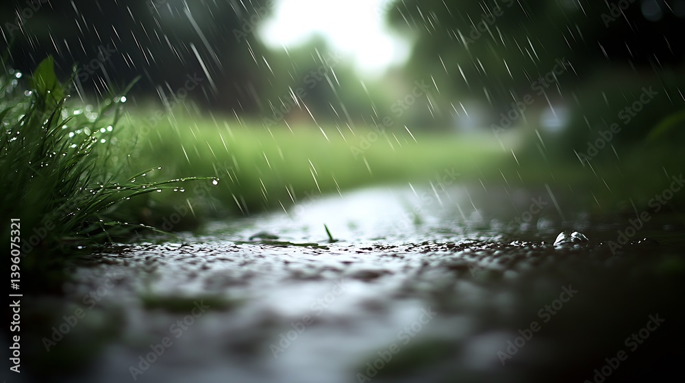 Aufkleber a tranquil scene of rain falling on a lush green landscape with a blurred background showcasing soft