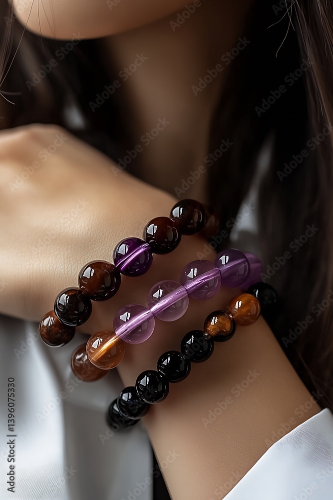Poster close-up of beautiful gemstone bracelets worn on a model's wrist showcasing colors and textures of t
