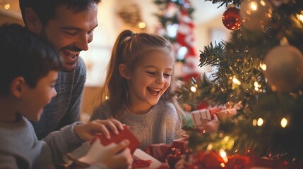 Christmas morning joy joyful family gathered around a Christmas tree excited children opening gifts soft holiday lights