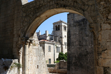 Ancient Archway Framing the Benedictine Monastery of St. Mary on Lokrum Island, Dubrovnik, Croatia