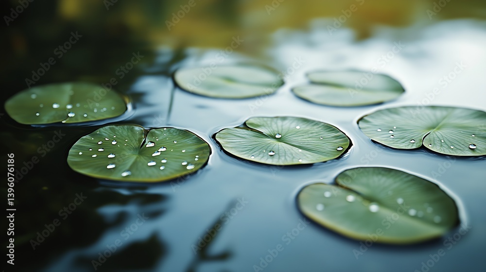 Aufkleber Beautiful water lily leaves with dew drops floating on tranquil water surface in serene natural setting : Generative AI