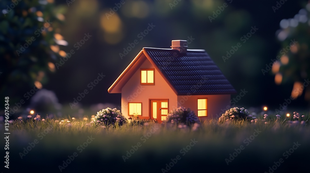 Poster Charming miniature house glowing warmly in the soft light surrounded by small flowers and greenery : Generative AI